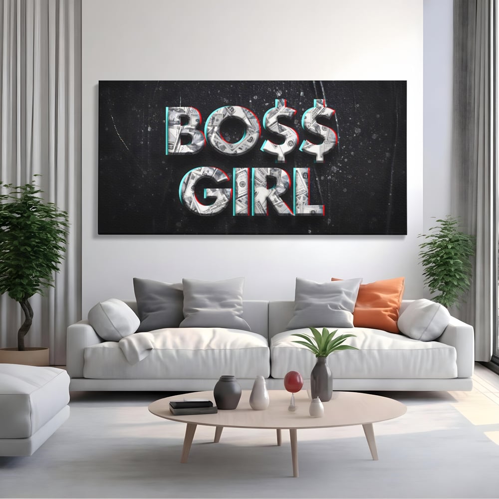 Tablou canvas cu tablou canvas motivant boss girl, fara rama, pe sasiu de lemn, pe perete intr-un living